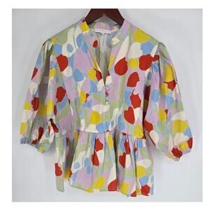Karlie Mosaic Poplin Puff Sleeve Multicolor Top Women's M